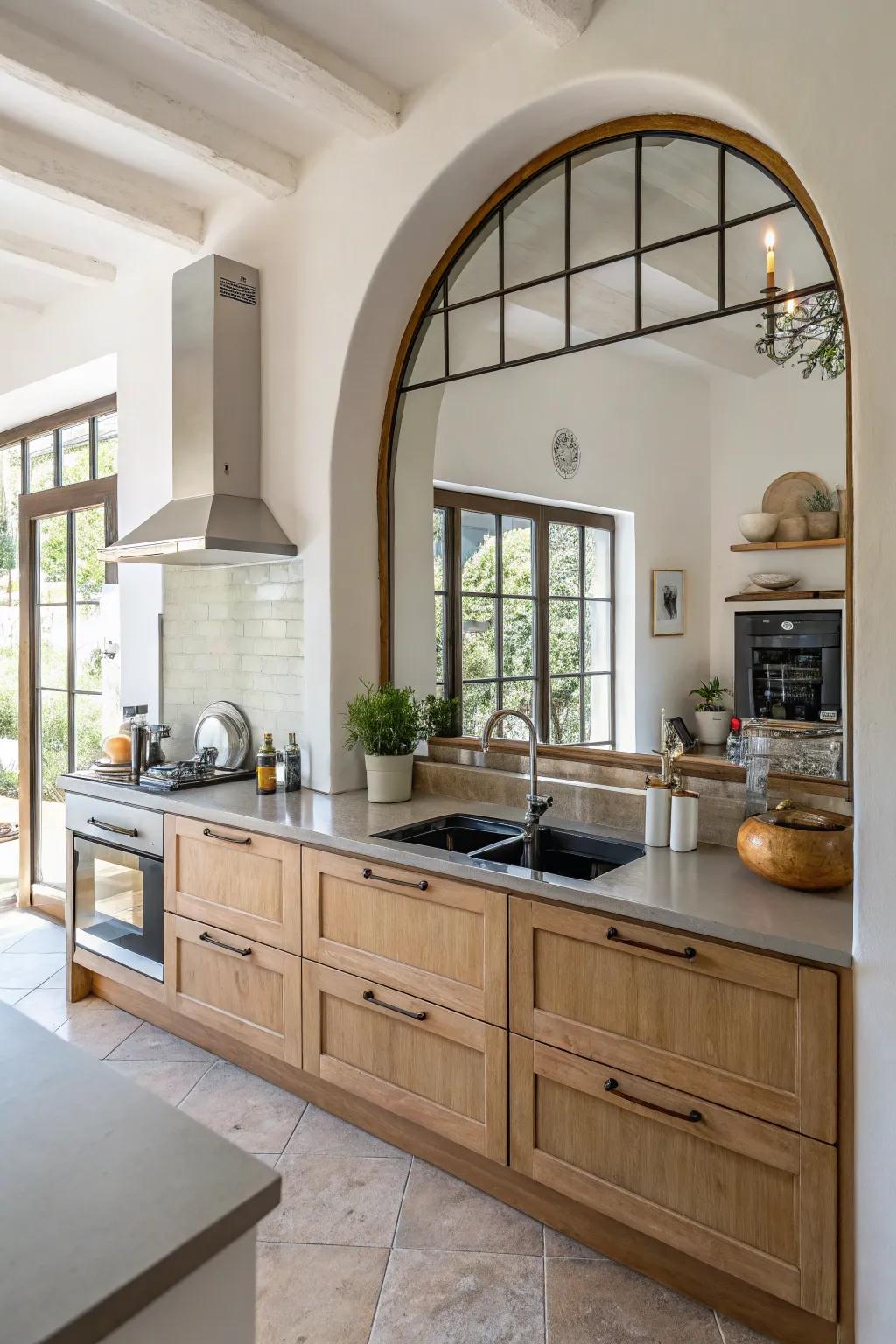 An arched mirror adding architectural interest and enhancing the kitchen’s overall design.