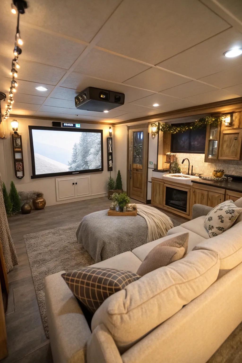 A cozy recreation chamber featuring a sizable screen and plush seating, ideal for family movie evenings.