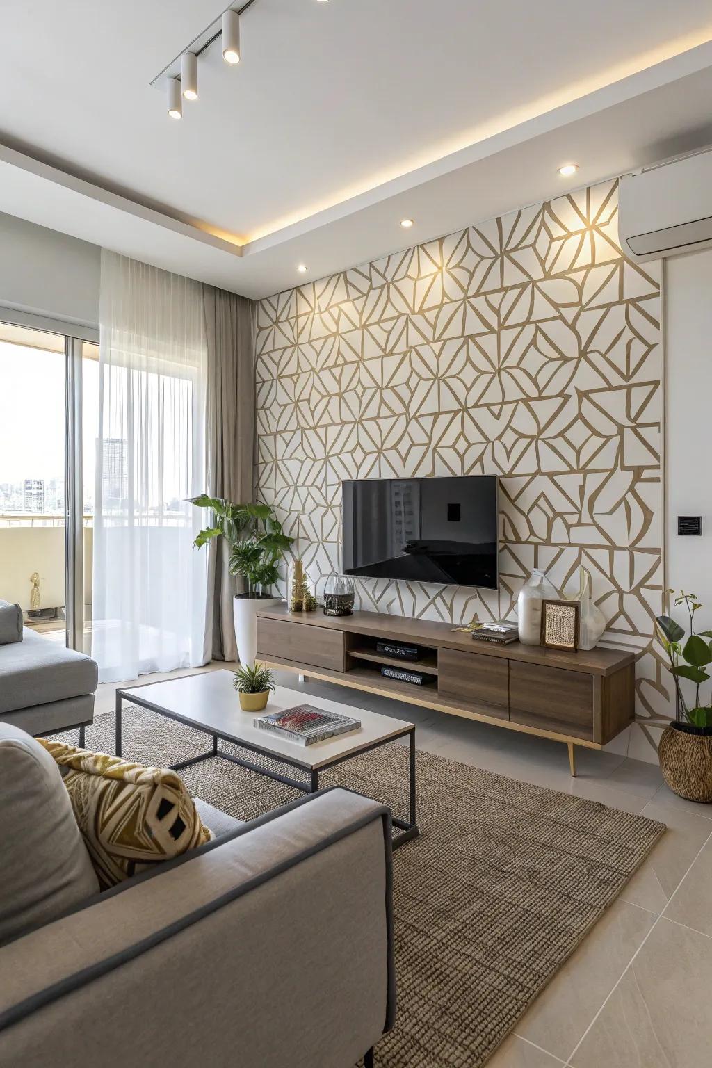 Geometric patterns add visual intrigue to the TV wall.