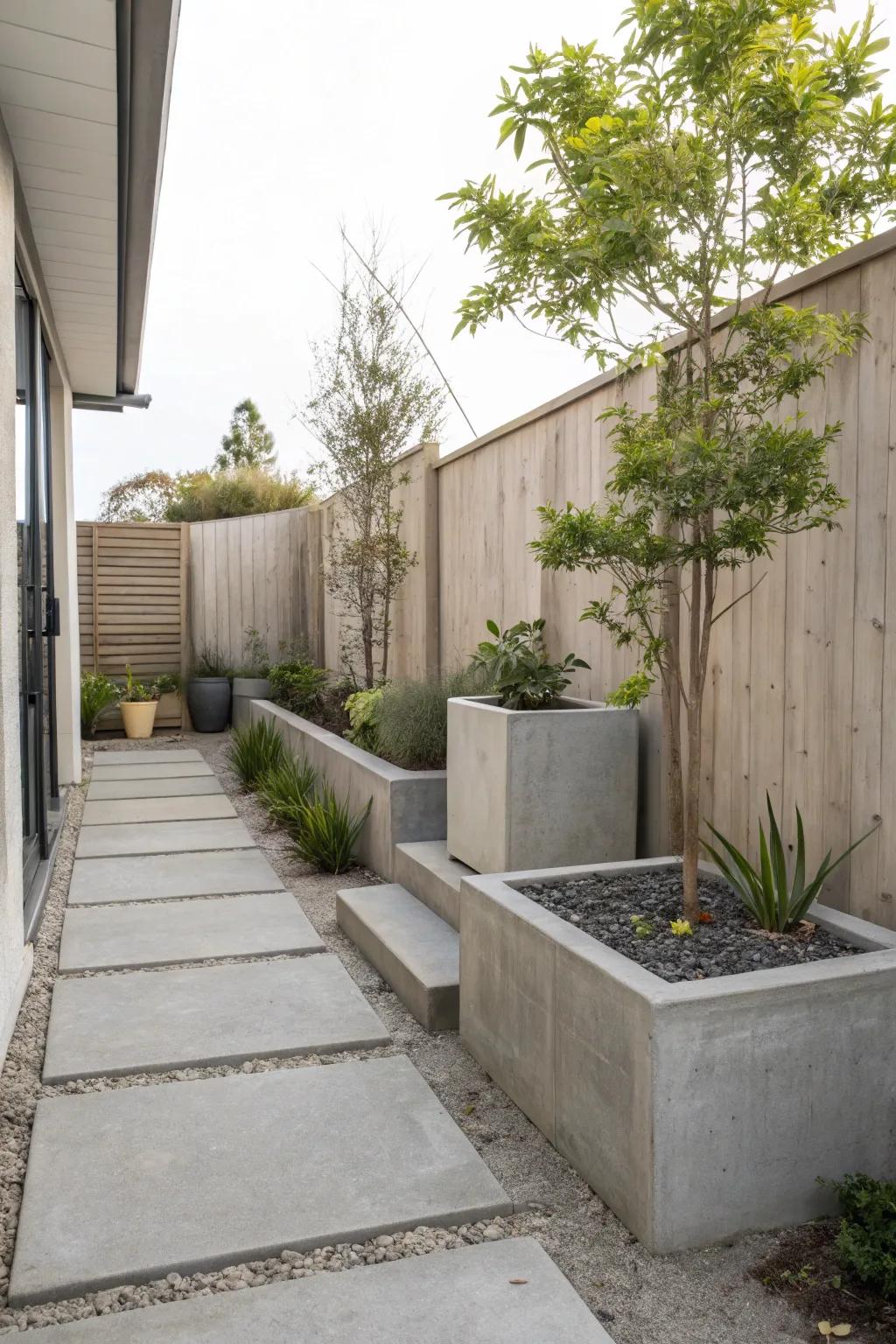 A minimalist concrete oasis featuring stylish planters.