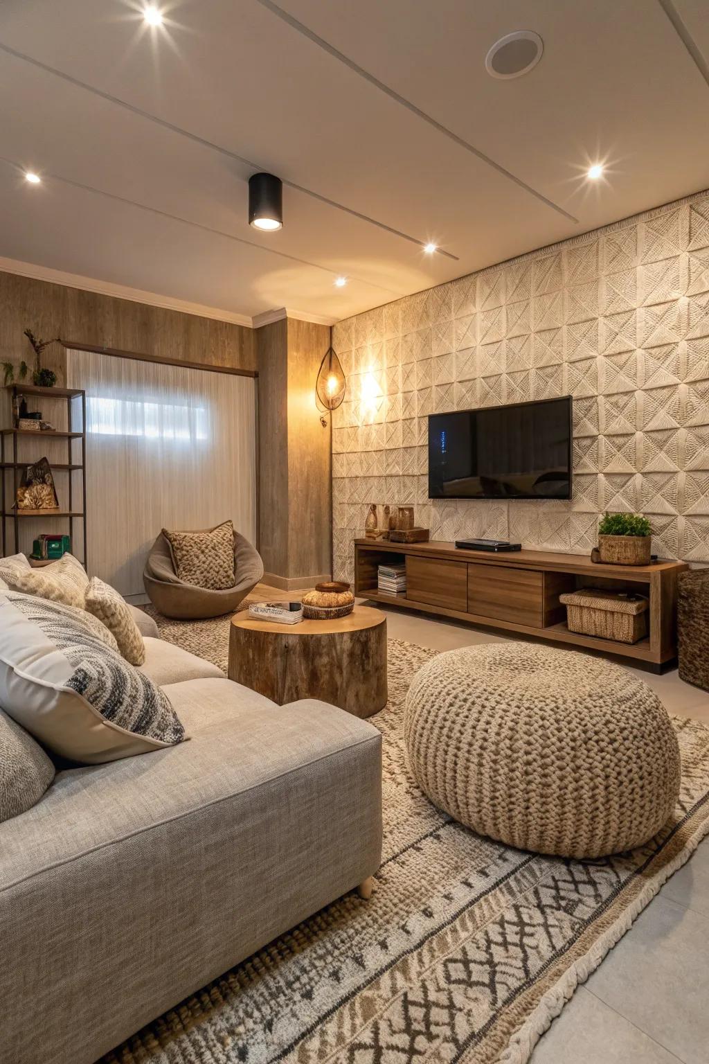 Inviting textured accents that inject warmth and style into a contemporary family room.