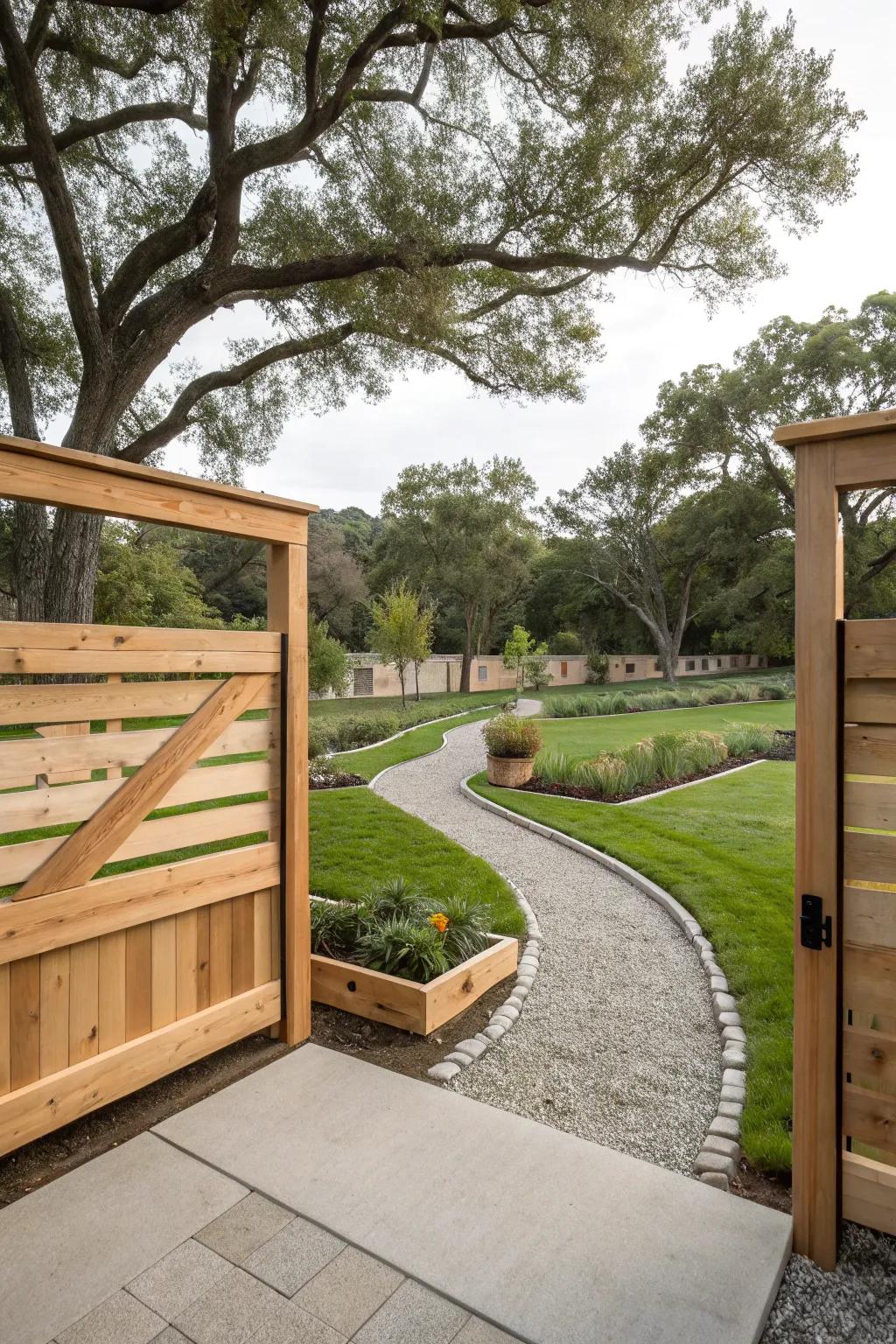 A fence design that frames the landscape, offering wide views and a sense of openness.