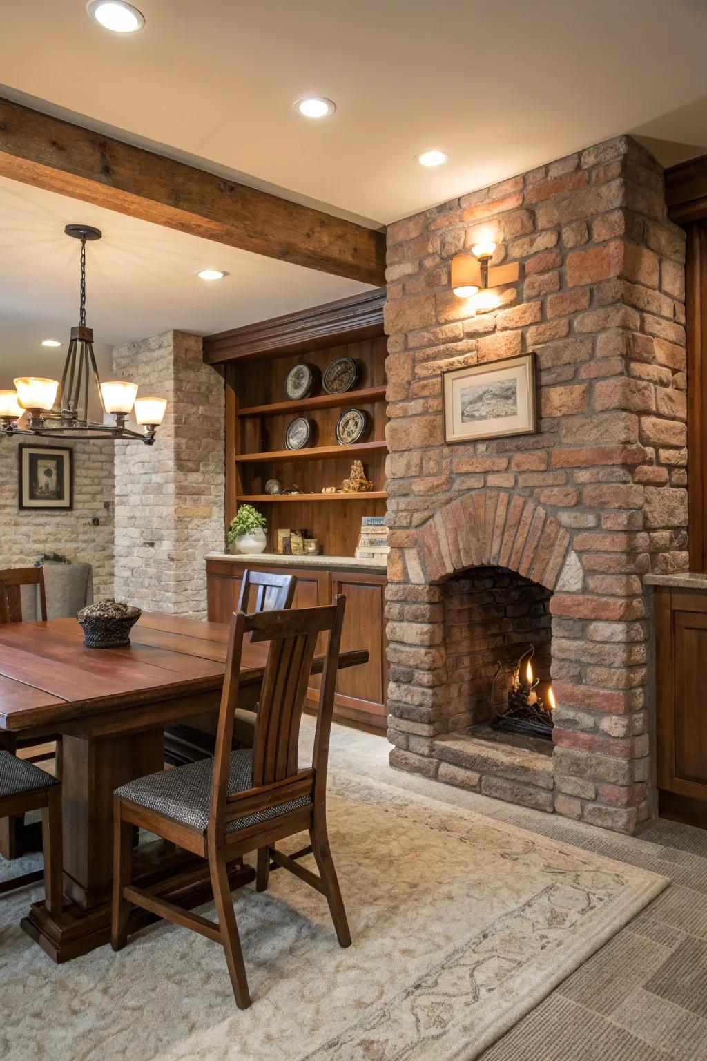 Stone and brick embellishments contribute country-style charm to this modern farmhouse interior.