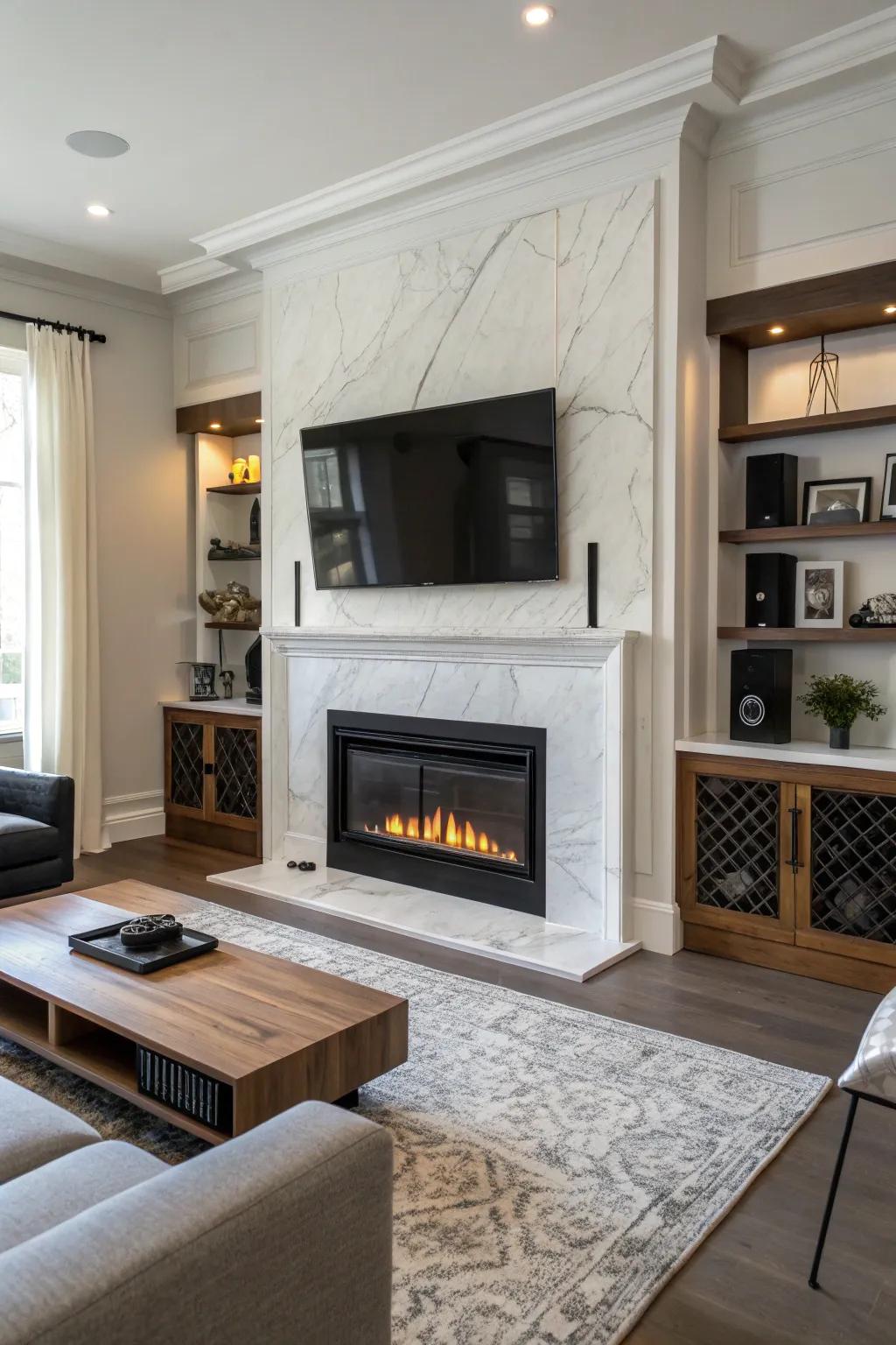 All-in-one audio alternatives blend seamlessly with the fireplace and TV layout.