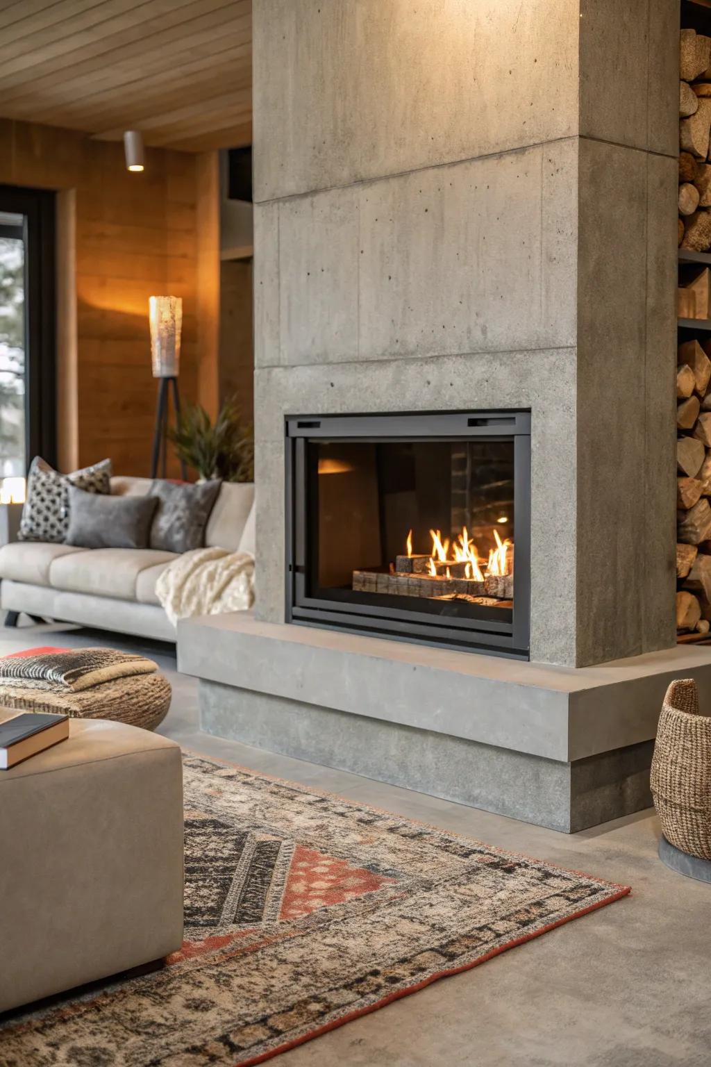 An industrial-chic concrete fireplace adds a raw edge to the decor.