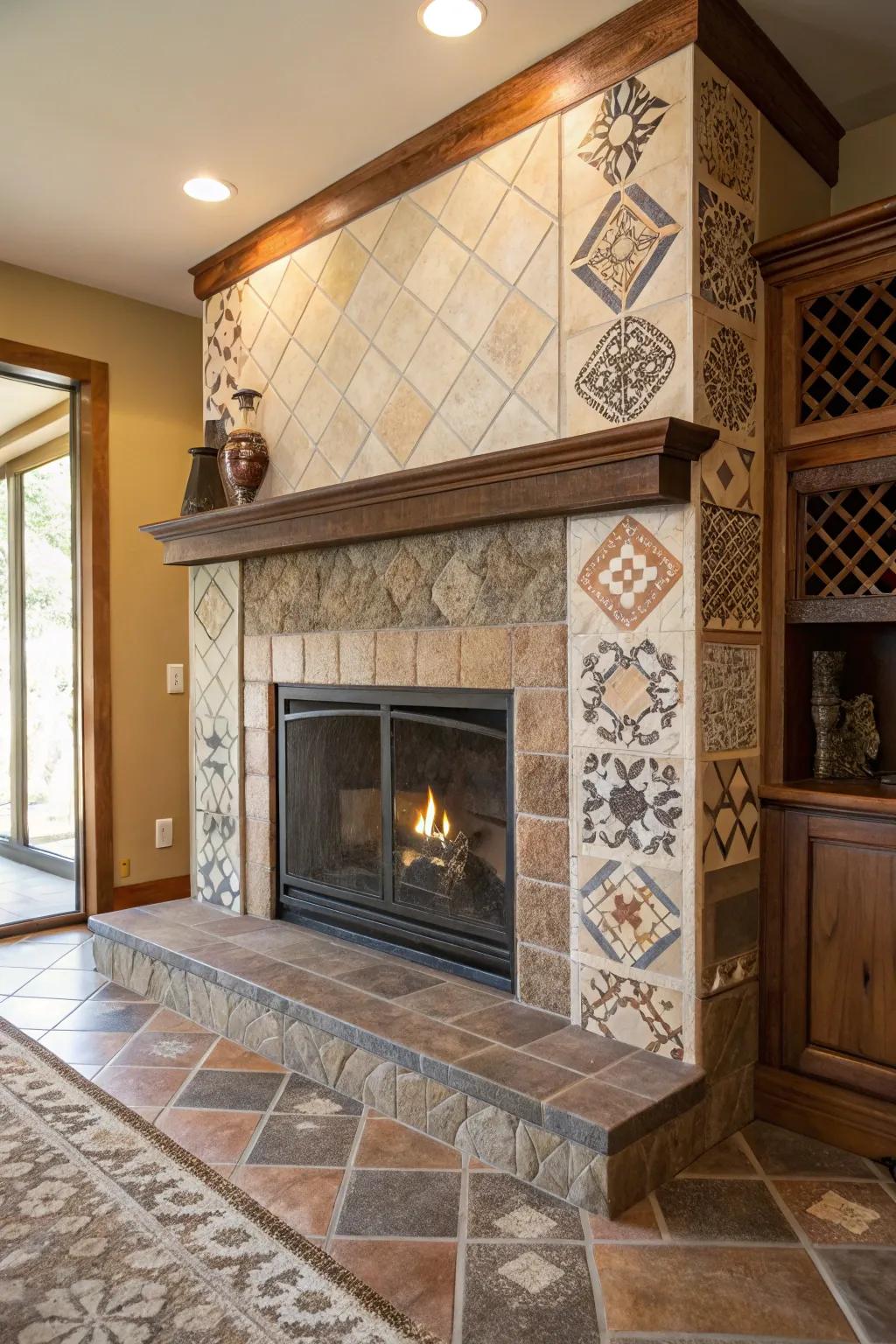 A fireplace employing varied texture tiles for amplified depth.