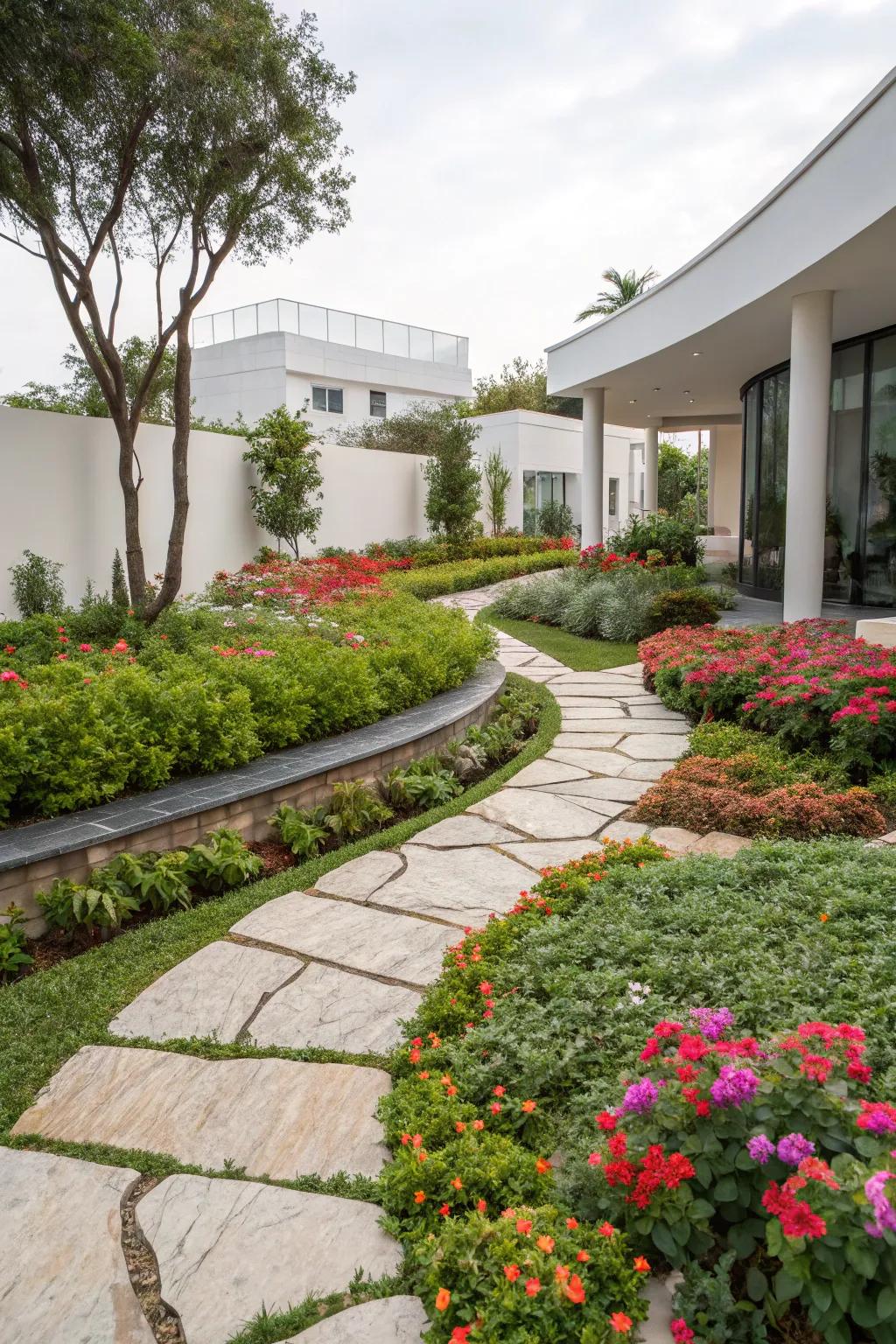 Flower beds flawlessly integrated with hardscaping elements.