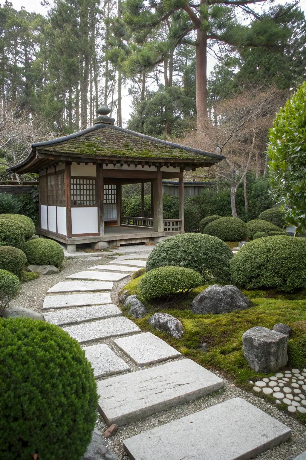 A Japanese Zen gazebo providing a peaceful escape from everyday pressures.