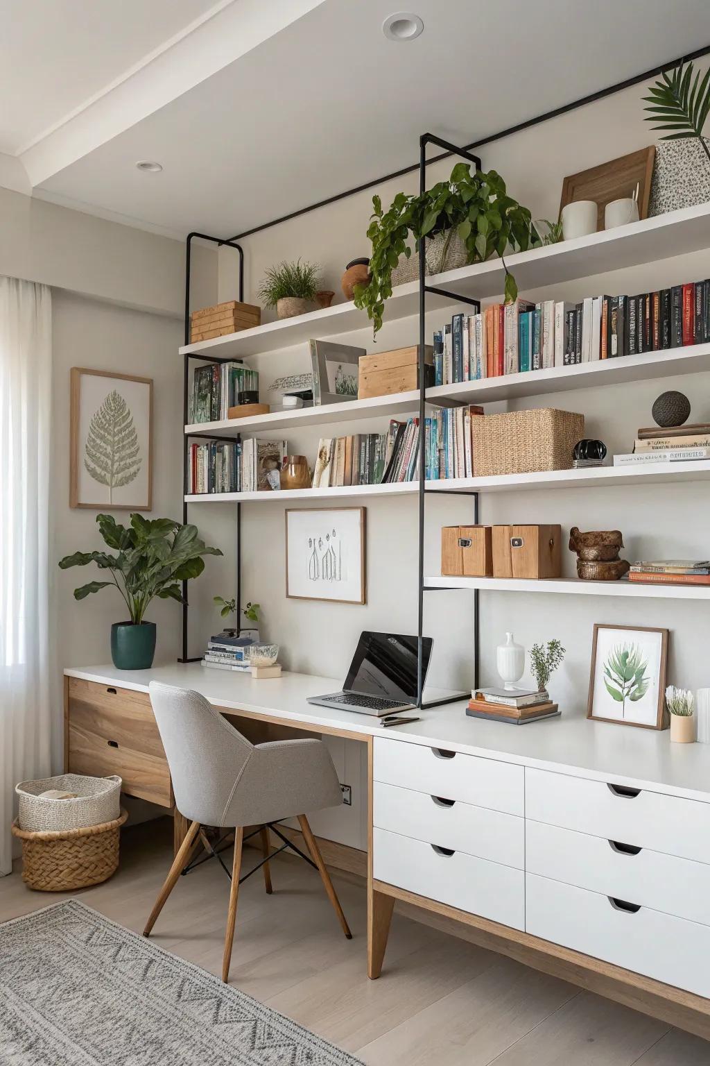 Chic shelving units in a modern home office.