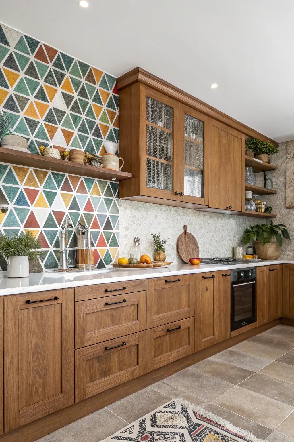 A stylish backsplash enriches kitchens with paneled-oak cabinets, adding flair and dimension.