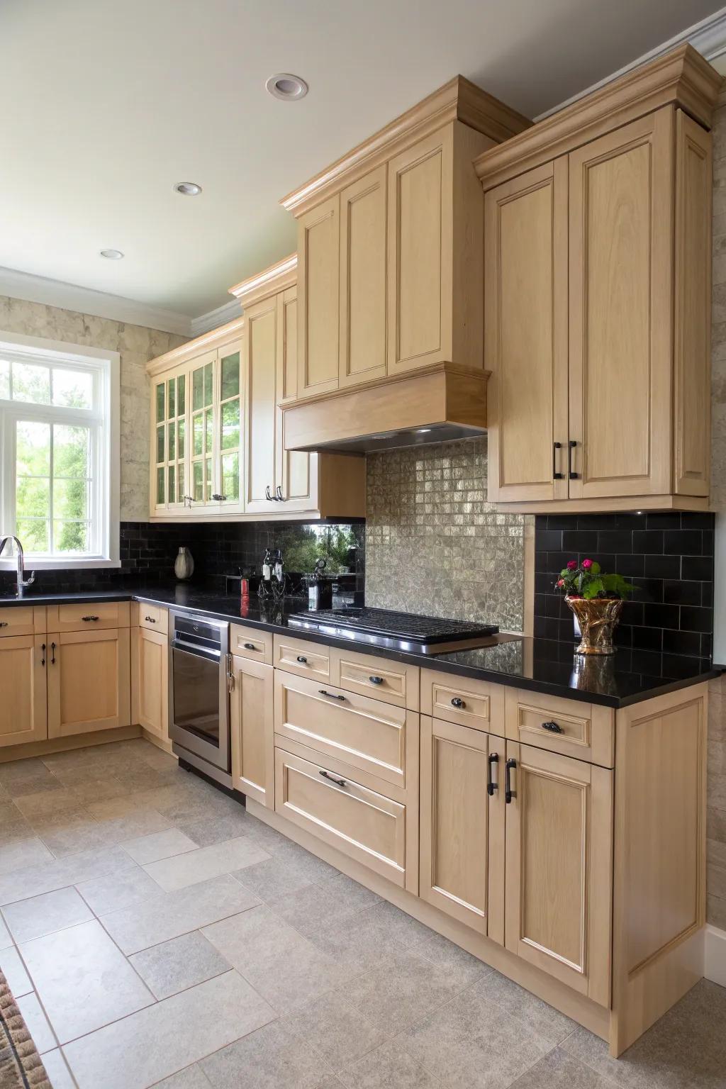 A two-tone design with light maple cabinets adds depth and style.