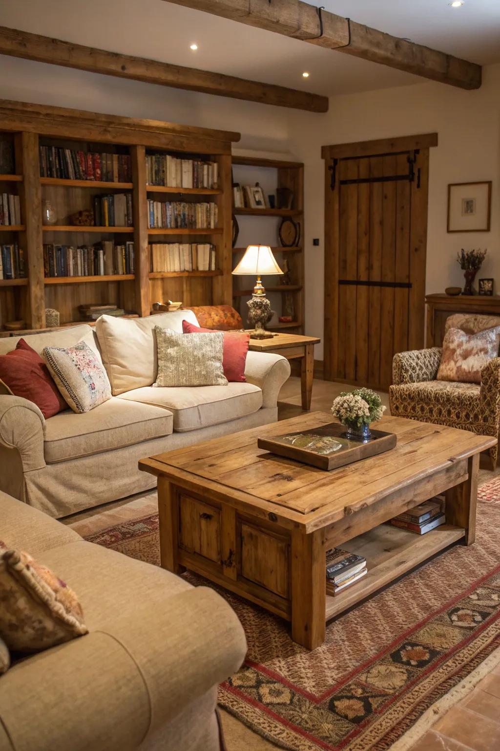 A combination of rustic and cozy furnishings offers both style and comfort.