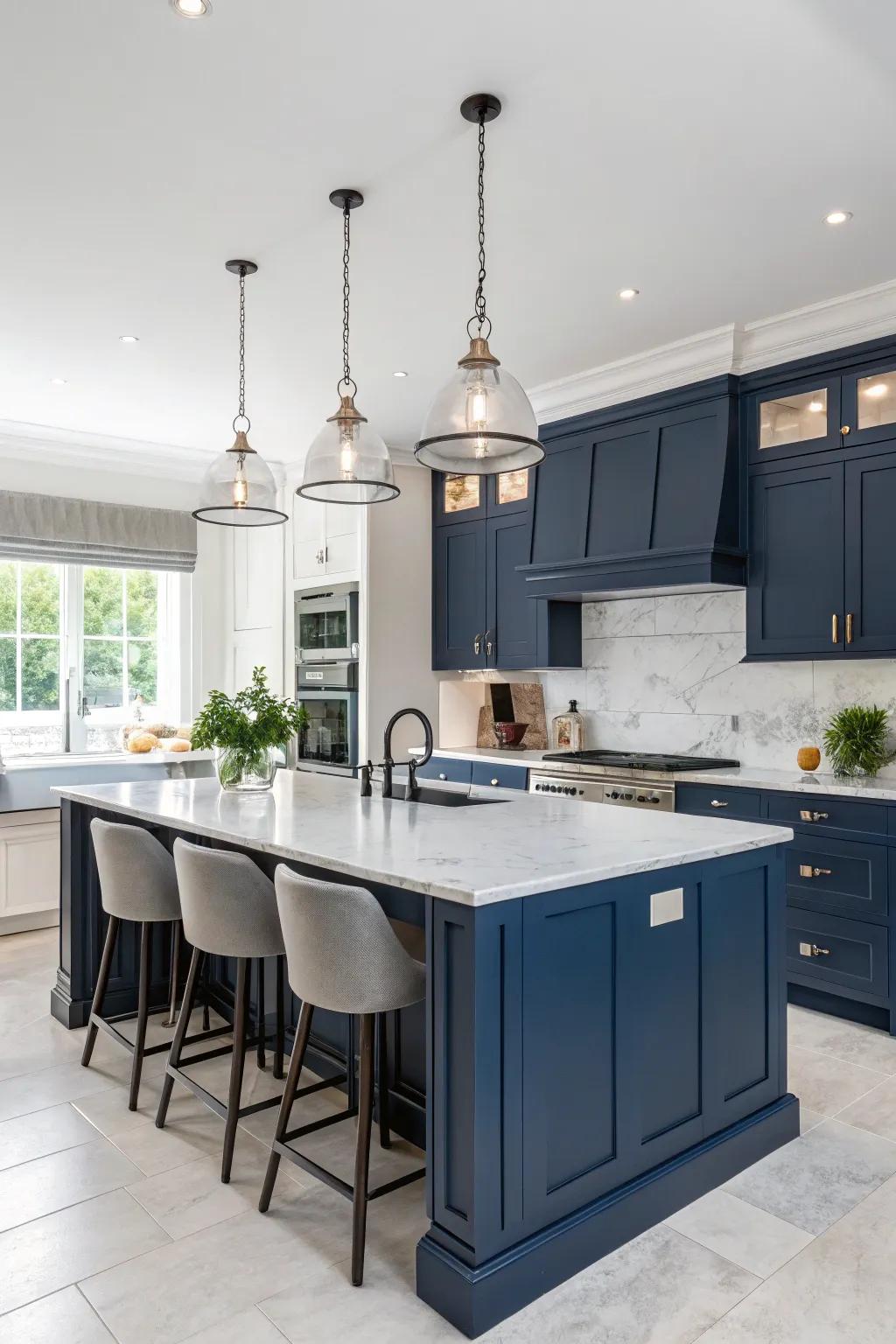 Hanging lights illuminate and highlight the allure of deep sea kitchen cabinets.