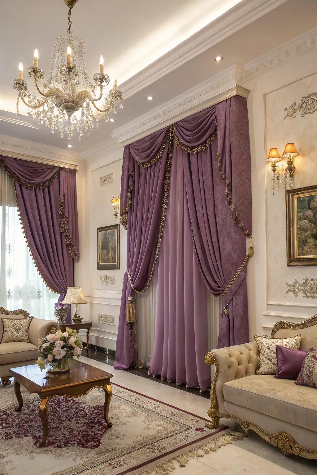 Lavish purple curtains framing a stylish living room window.