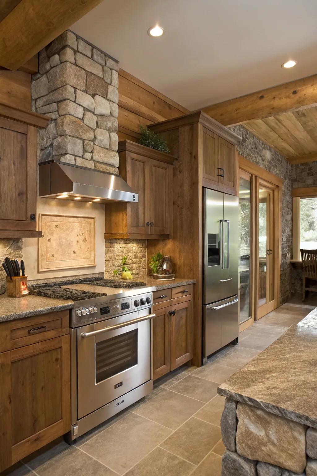 Modern appliances blend seamlessly into this rustic kitchen setting.