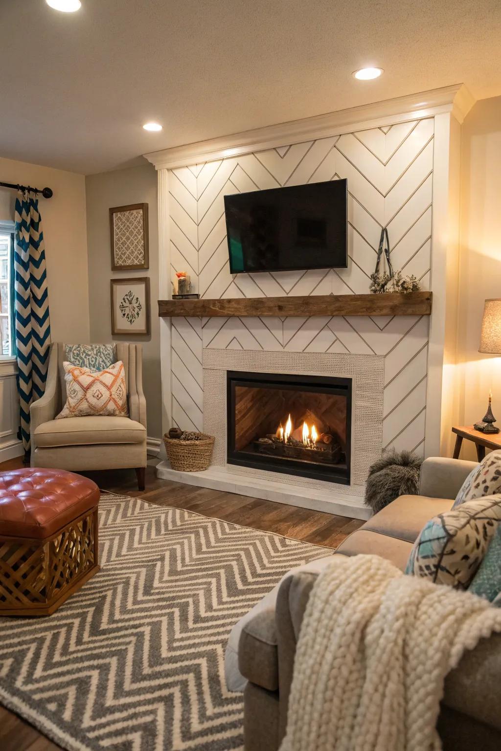 A chevron patterned shiplap fireplace that adds texture.