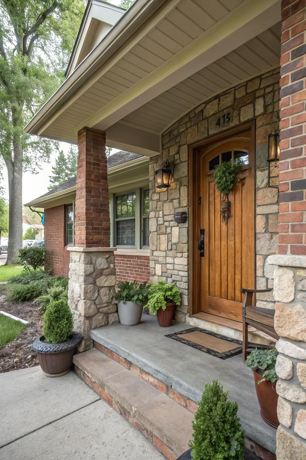 A small front porch enhanced by textured stone and brick elements.