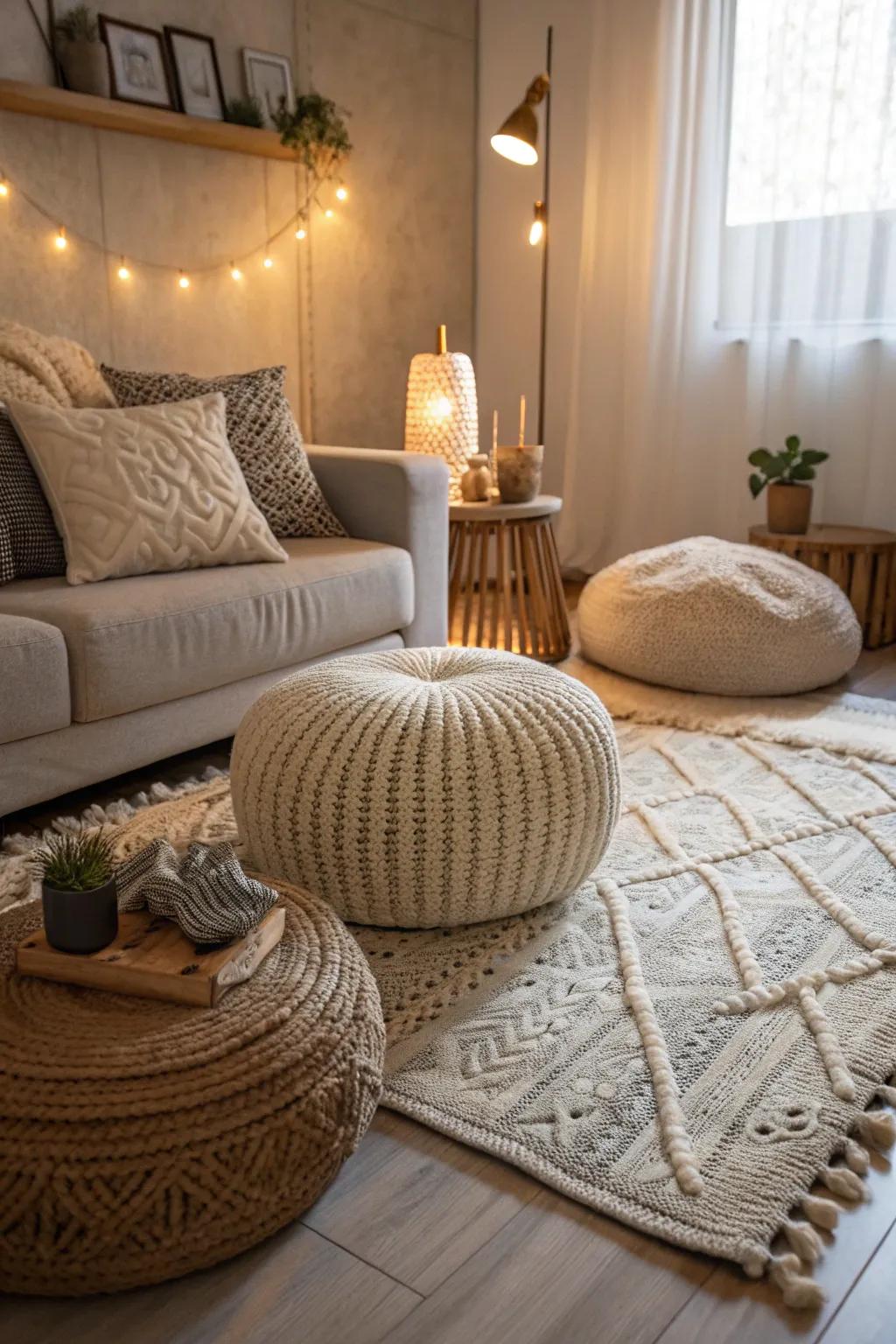 A compact, modern living area incorporating textured rugs and cushions for added warmth.