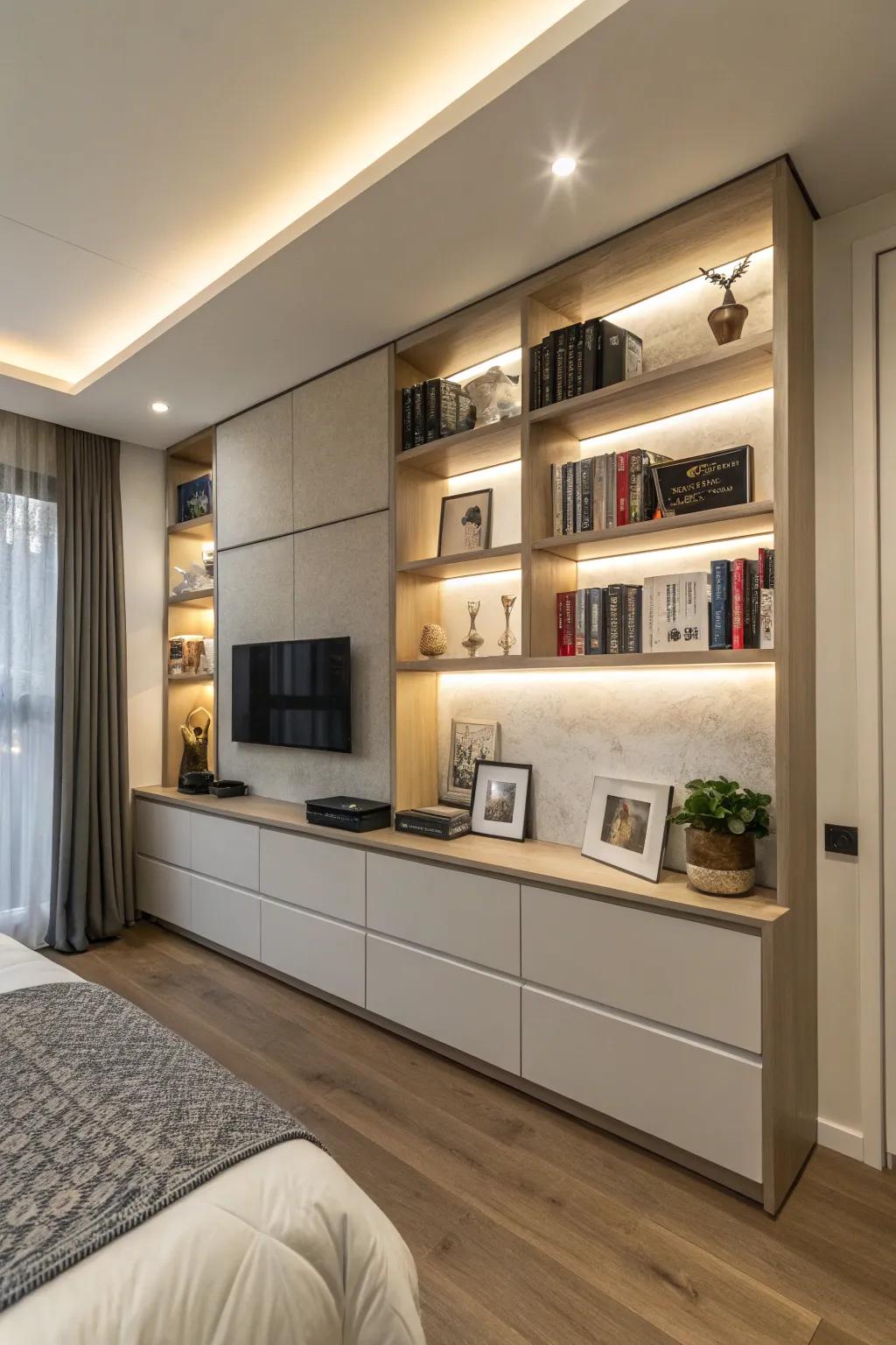 A studio apartment featuring smart storage solutions, such as shelves attached to the wall and built-in cabinets.