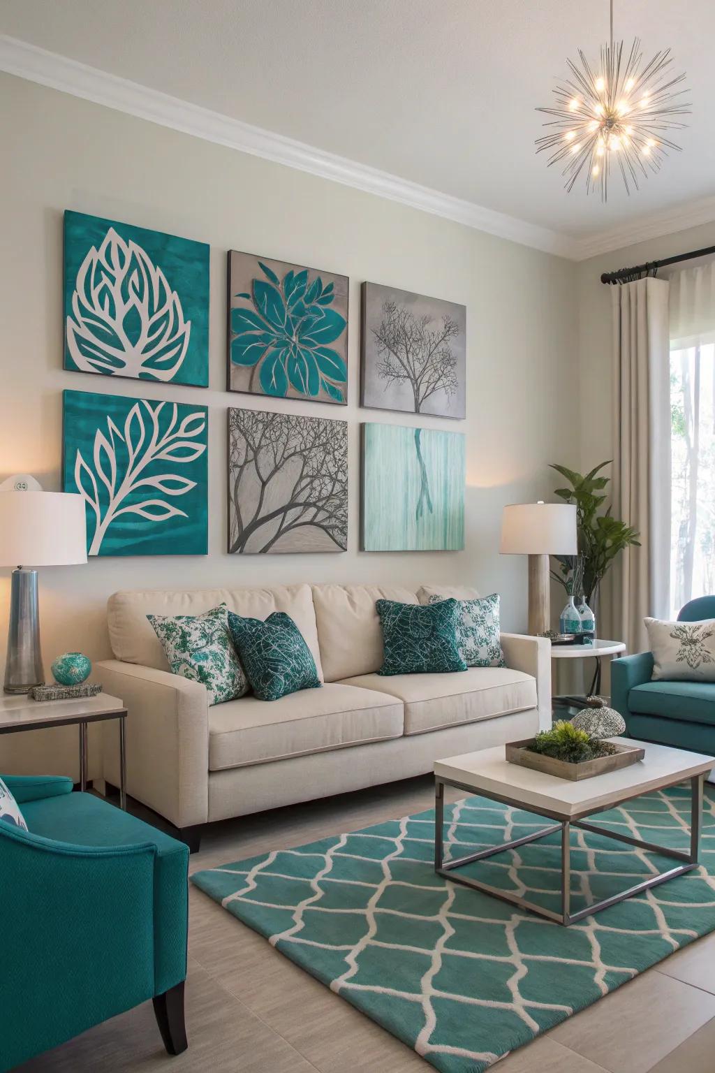 Art pieces in teal and grey bring cohesion to the living room's design.