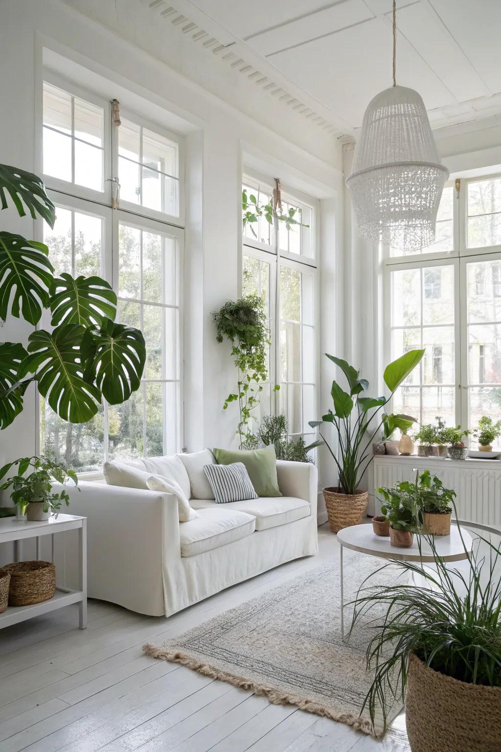 Indoor plants add a fresh touch to a modern white living room.