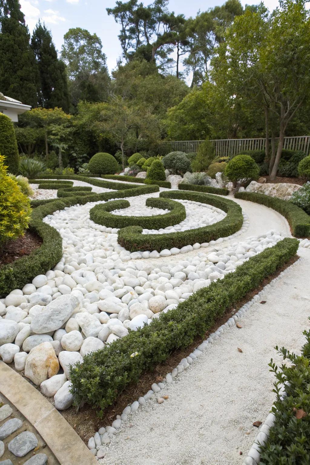 A tidy garden boasting alabaster stones, defined via sleek metal or timber borders.
