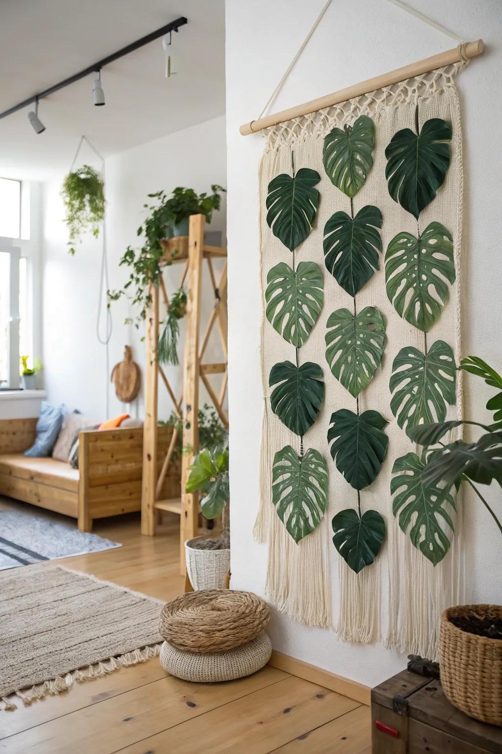 Hand-made wall feature using imitation split-leaf philodendron fronds in a studio.