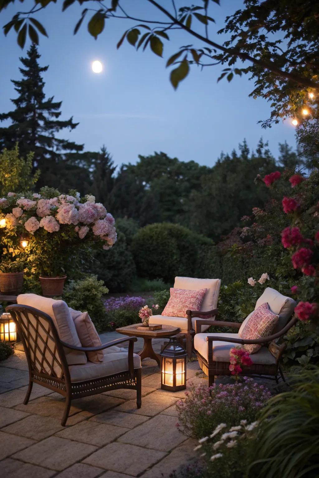 A cozy seating area perfect for moonlit relaxation.