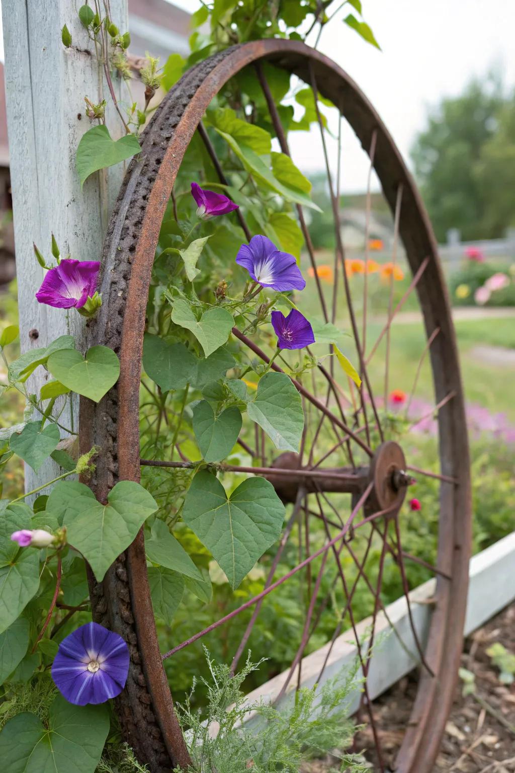 Morning glories climbing a creative DIY support from a bicycle wheel.
