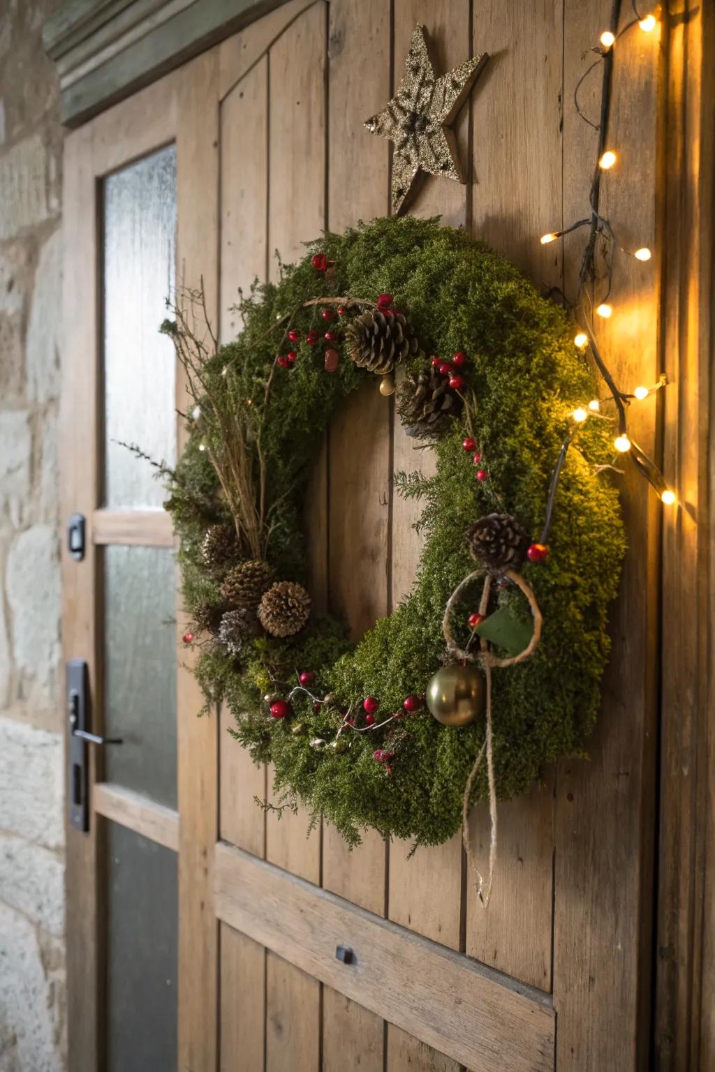 Moss wreaths bring a warm, welcoming touch to any entrance.
