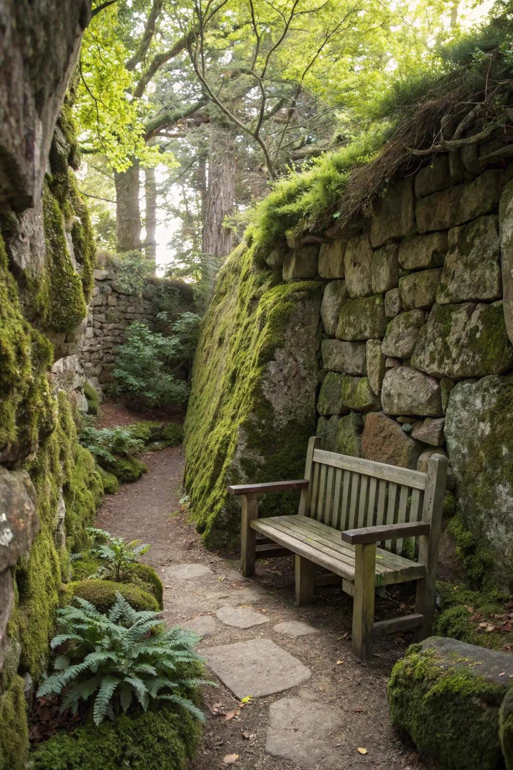 A secret garden retreat concealed behind moss-draped stones.