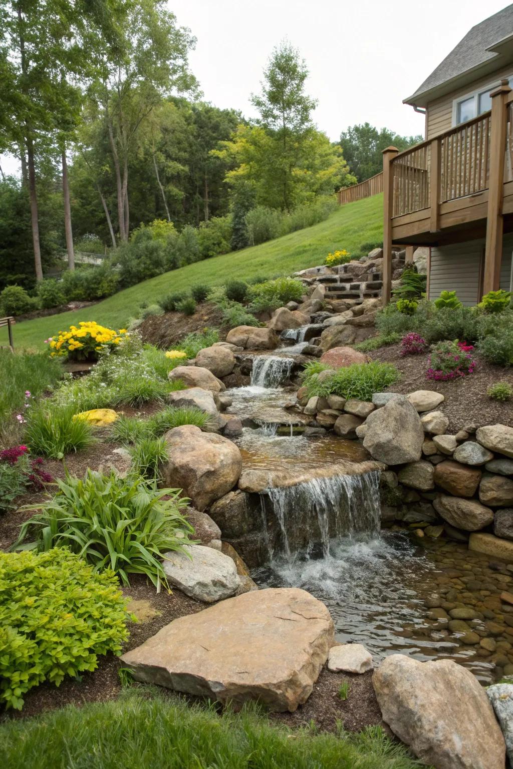 A cascading stream design utilizing natural slopes.