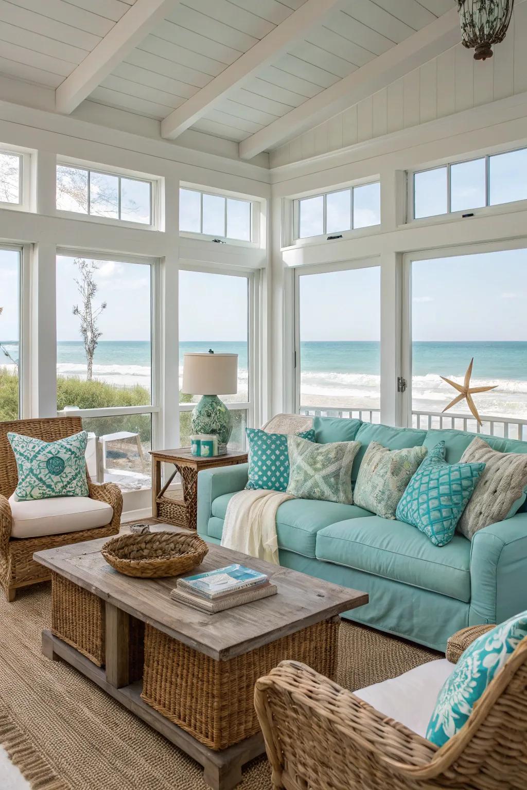 Turquoise and driftwood brown evoke coastal vibes in this living room.