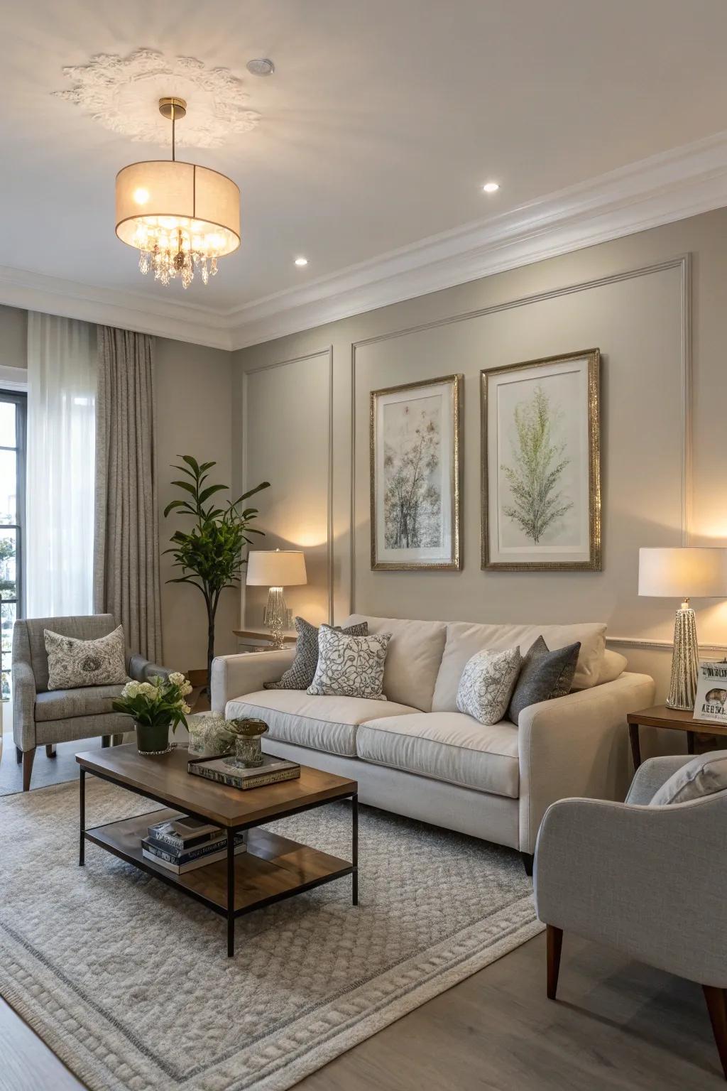 A balanced and serene living room featuring the versatile greige color.