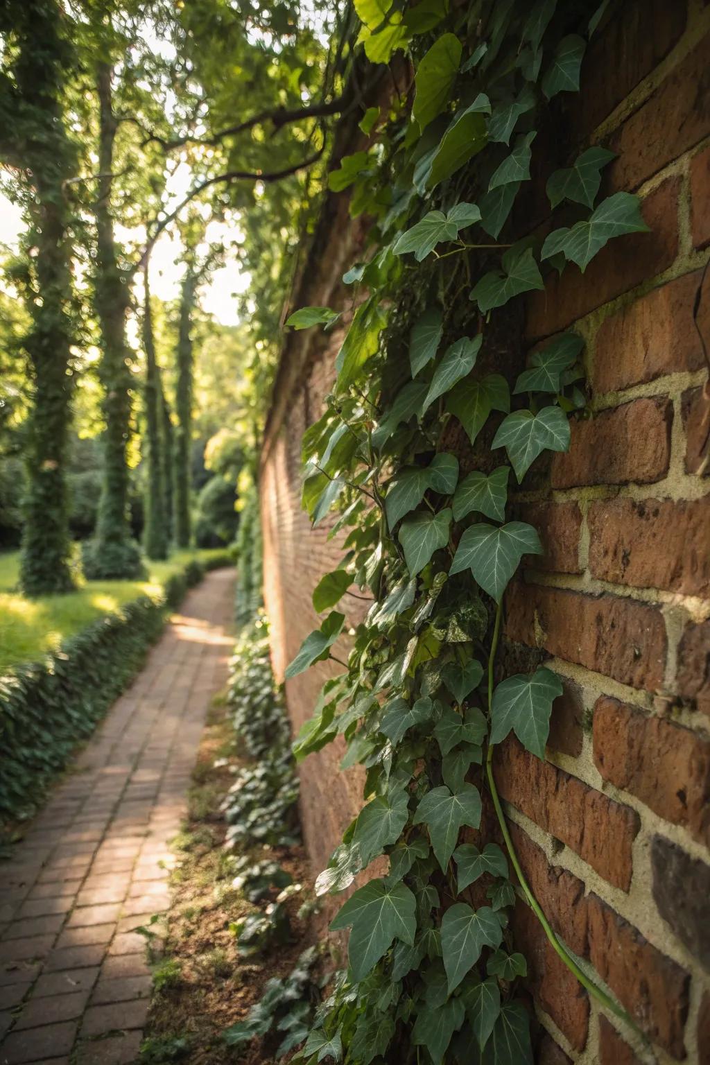 Ivy contributes vertical interest with its abundant green foliage.