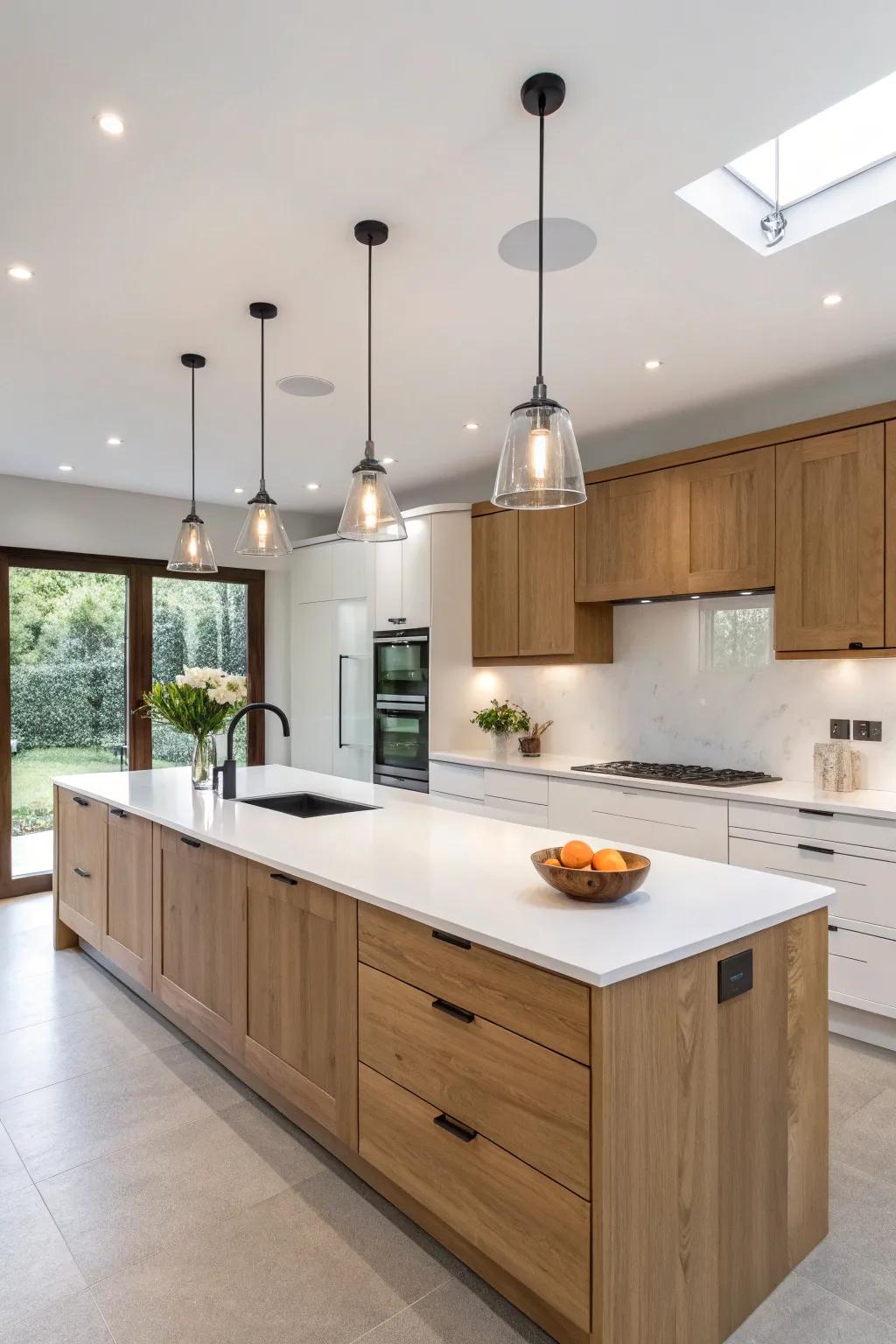 Modern fixtures accentuate the contemporary style of oak and white.