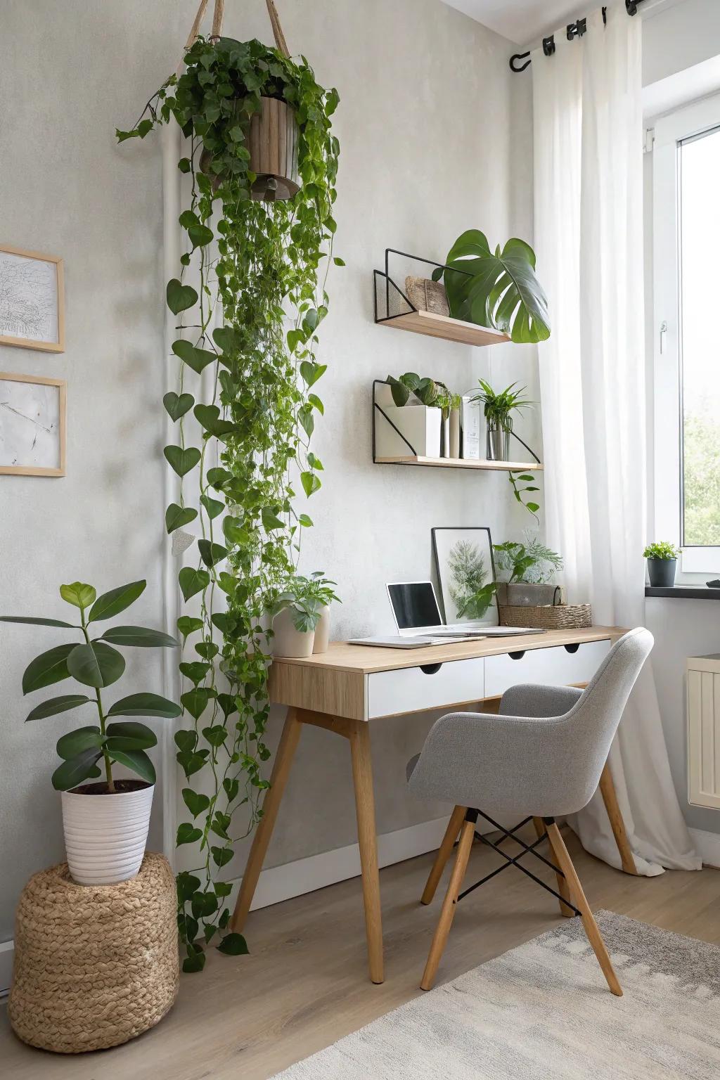 Enhance your office's appearance with a wall-affixed standing garden, providing rich greenery without taking up floor space.