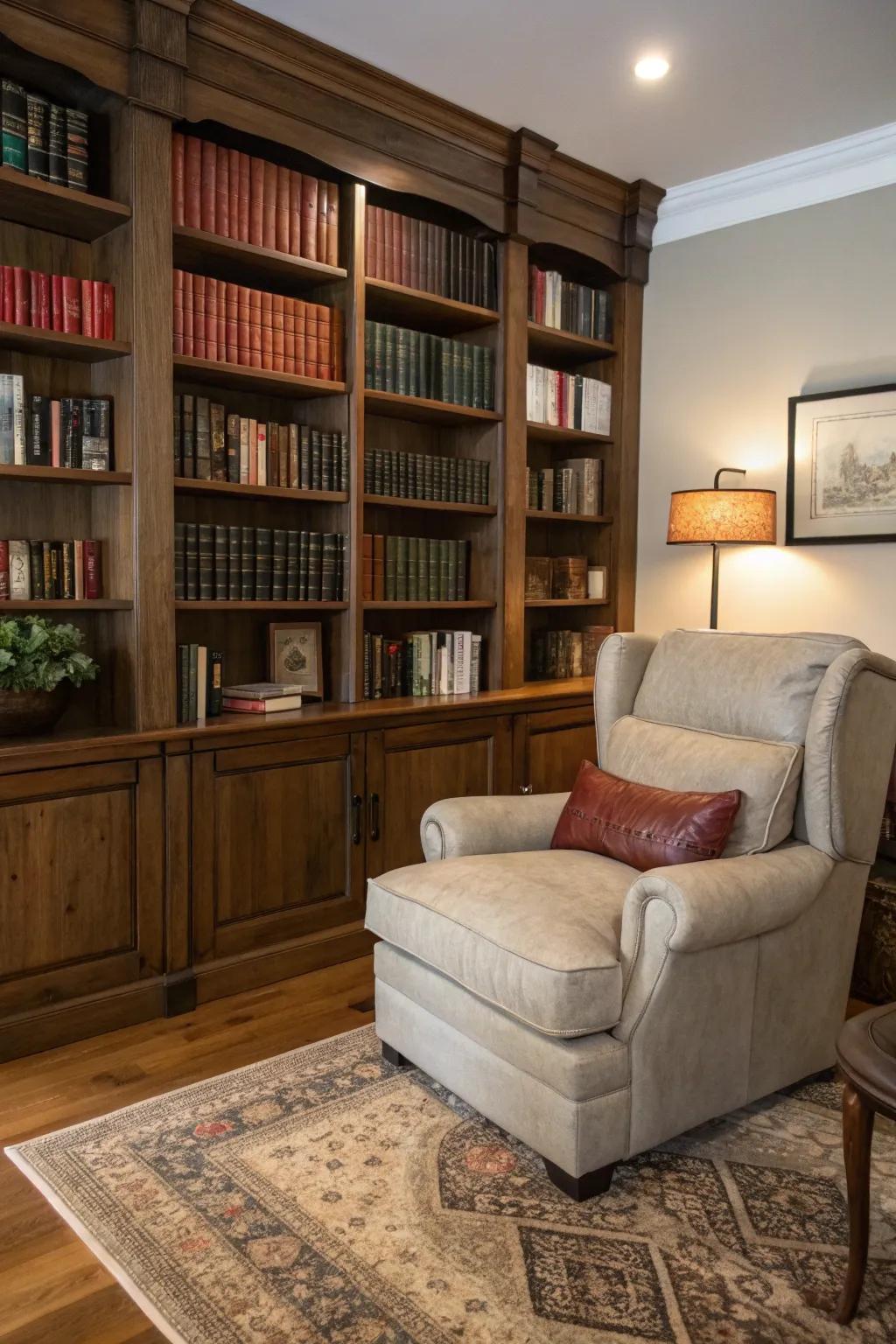 Bookshelves bring intellectual charm to the living room.