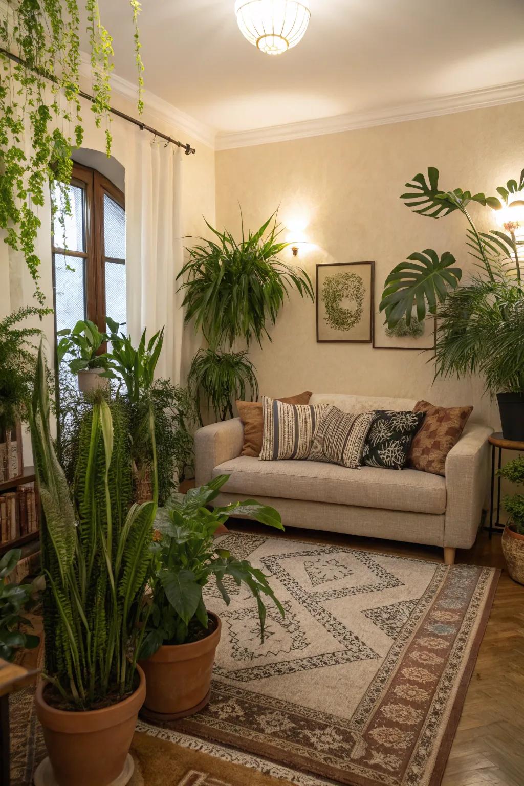 Natural elements like plants add vibrancy to the living room.