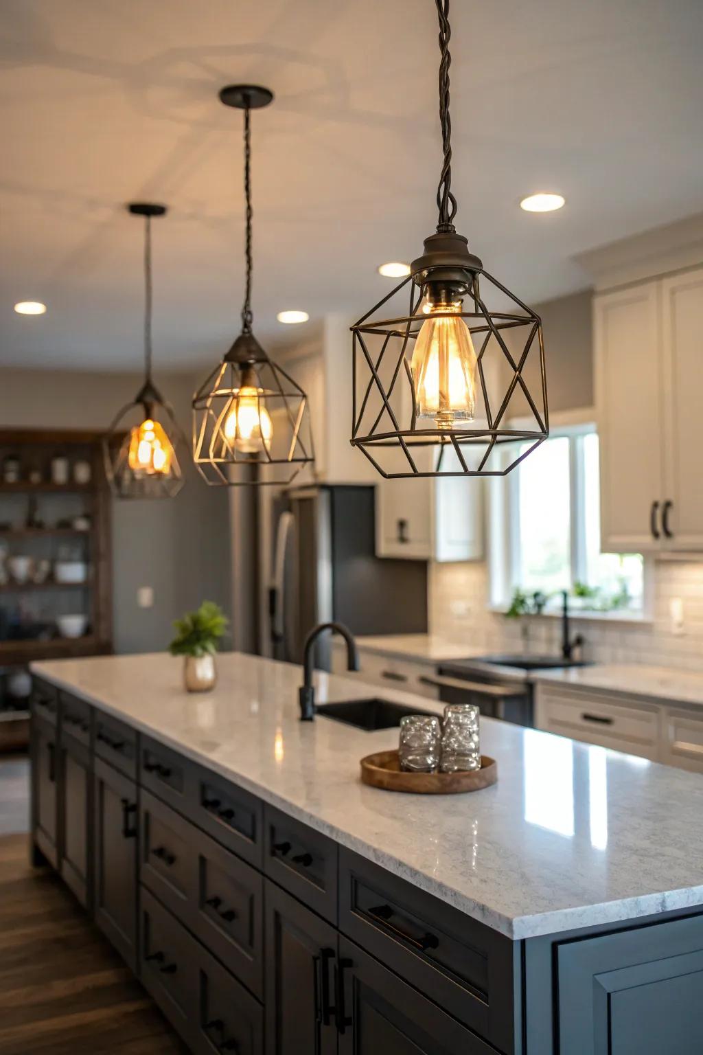 Pendant lights add ambiance and style to the kitchen island.