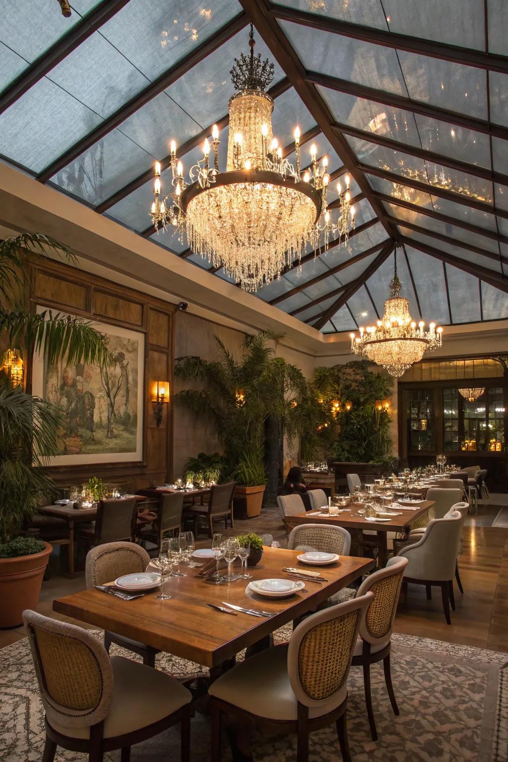 A stunning chandelier makes a bold statement in this open-ceiling dining area.