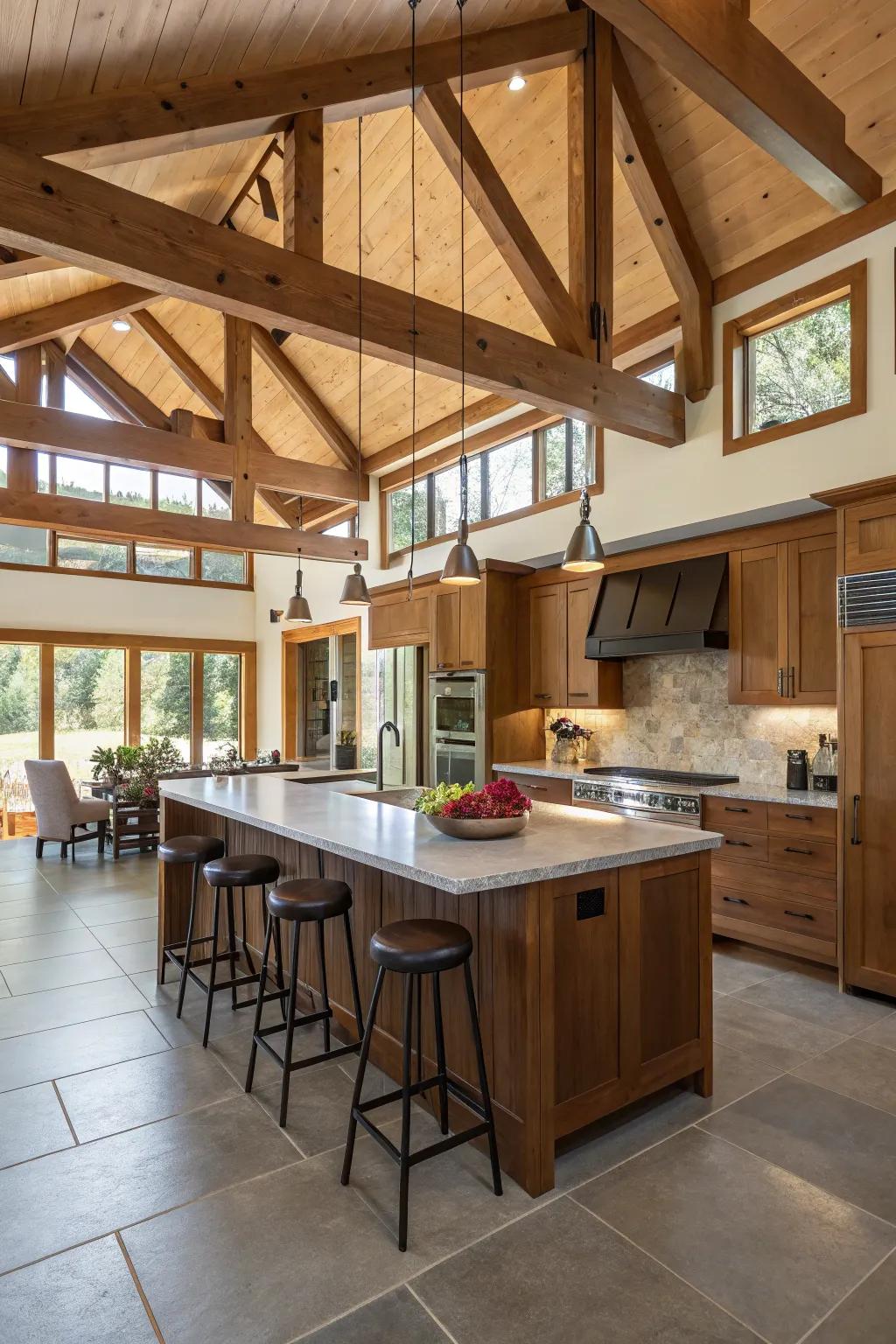 High ceilings elevate the kitchen's sense of space.