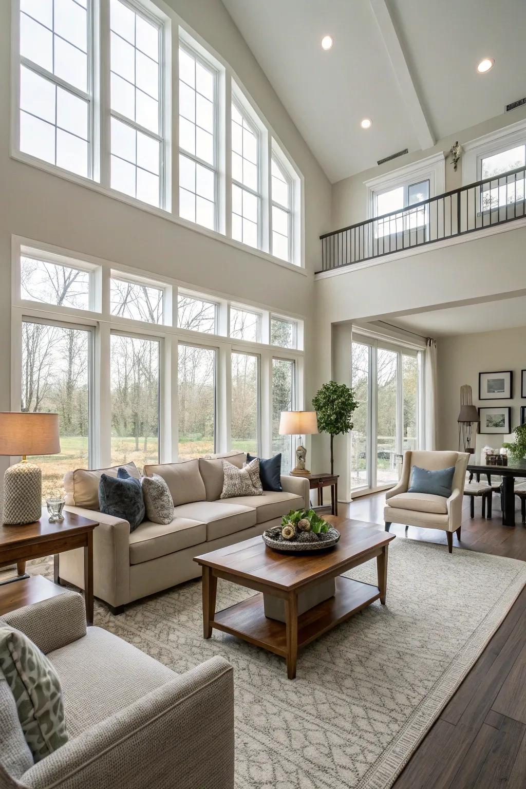 Furniture placement enhances the natural flow of the room.