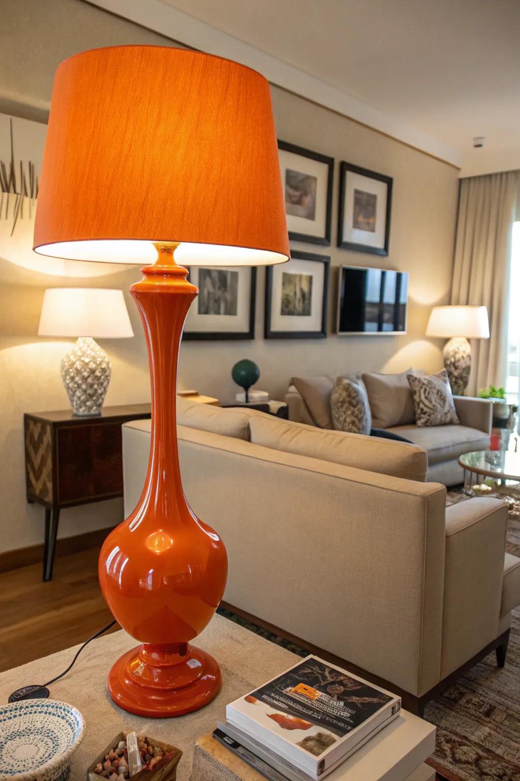 A contemporary orange lamp adds coziness and panache to the living area.