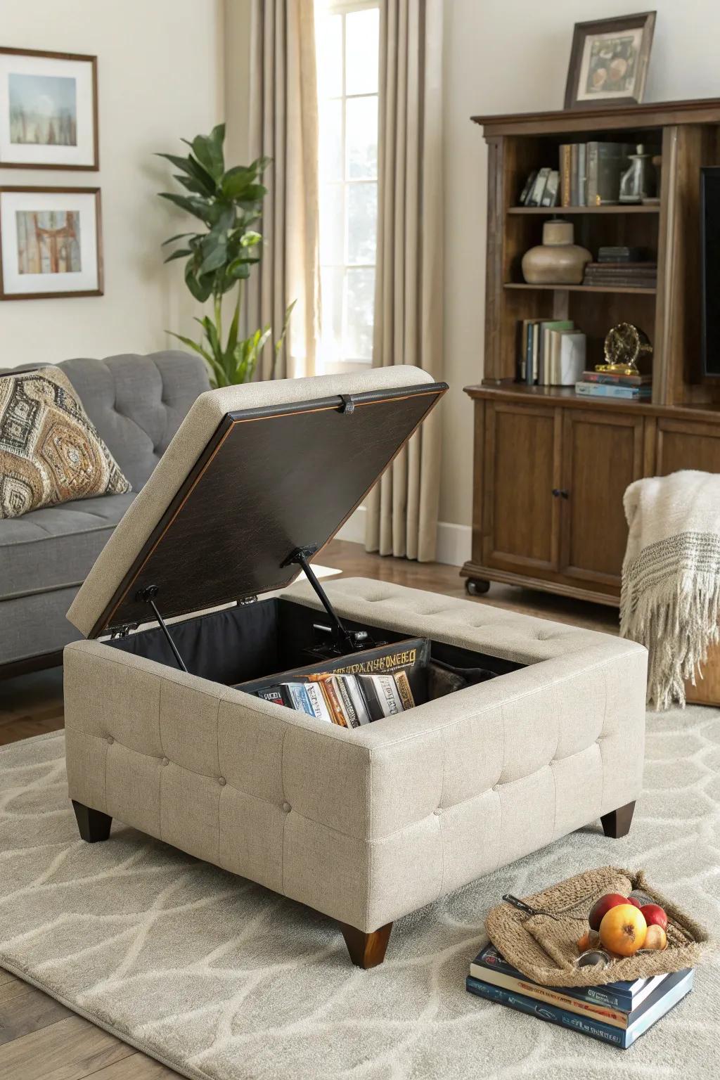 A sleek ottoman with hidden storage for a clutter-free living room.