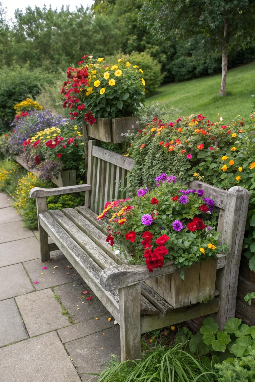 A bench that combines seating with vibrant planters.