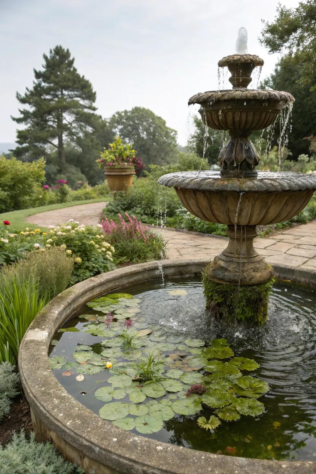 A fountain beautifully merged with garden foliage.