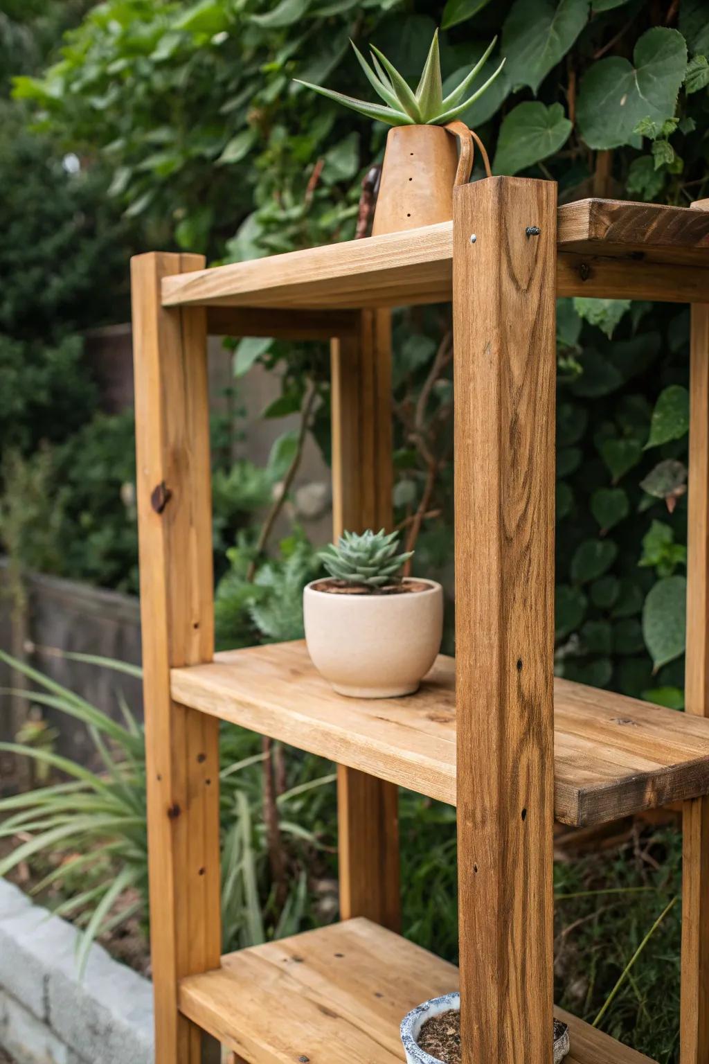 Embrace the warmth of nature with this beautifully crafted natural wood garden shelf. 🌿✨ #GardenInspiration #ScandinavianBoho
