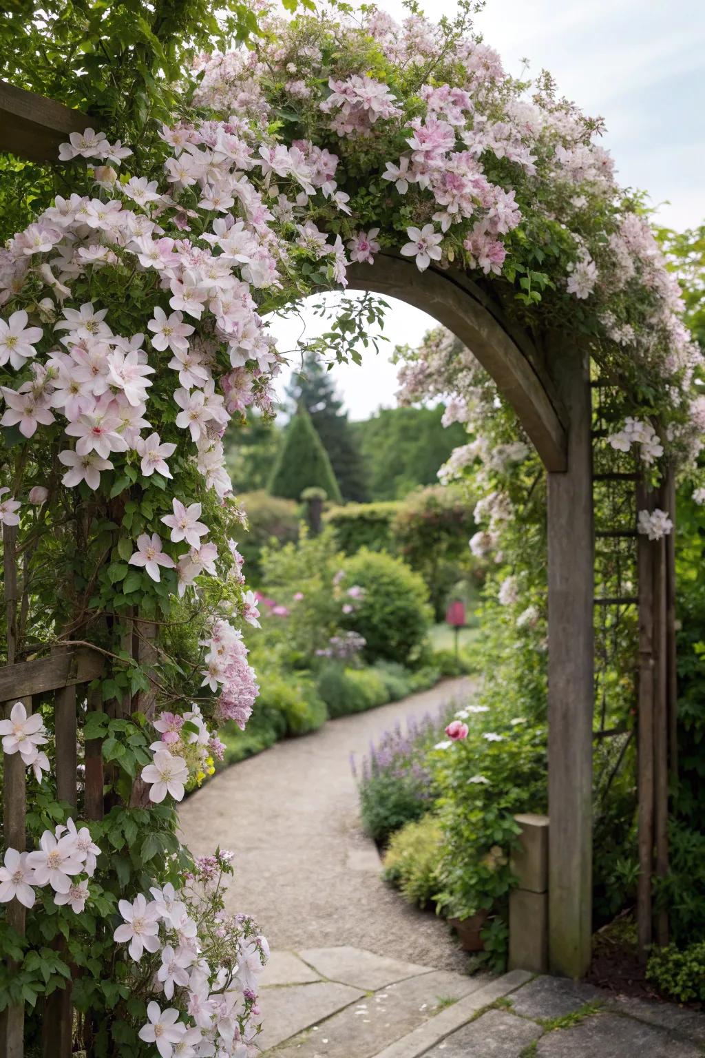 A garden portal embellished with vibrant climbing clematis flowers.