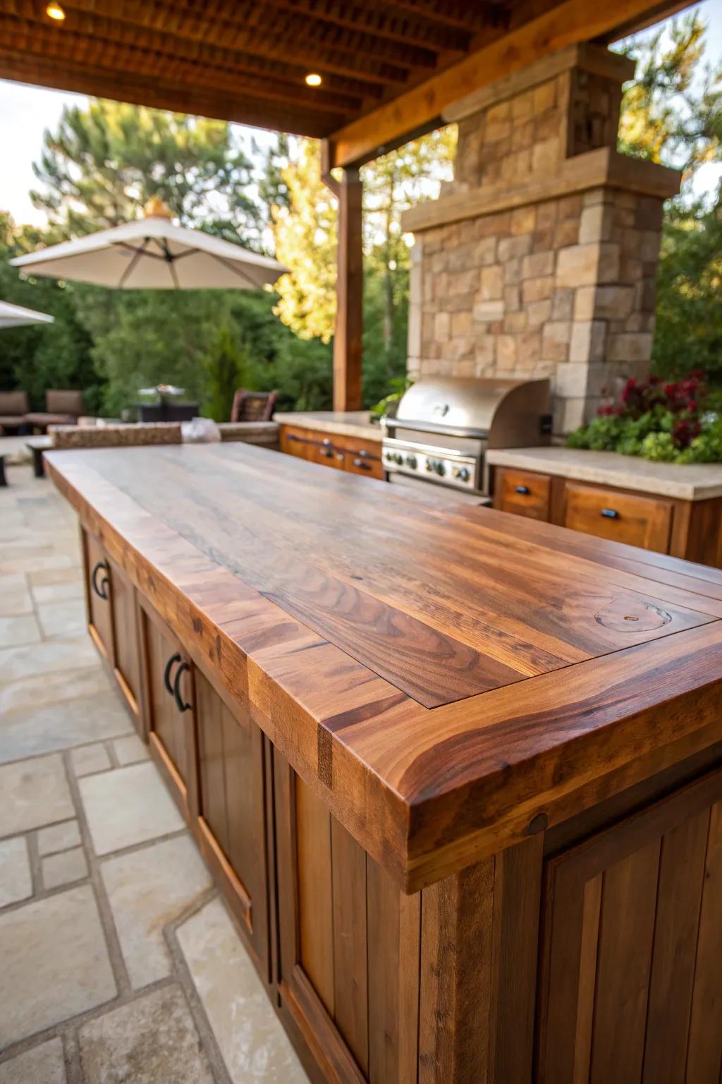 Embrace the rustic charm with a handcrafted wooden countertop, perfect for your outdoor culinary adventures.